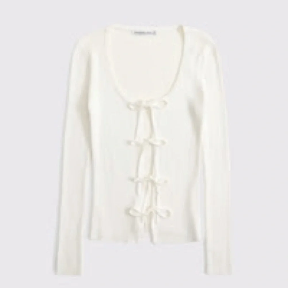 Abercrombie & Fitch Cream Ribbed Tie-Front Long Sleeve Cardigan - Picture 2 of 5